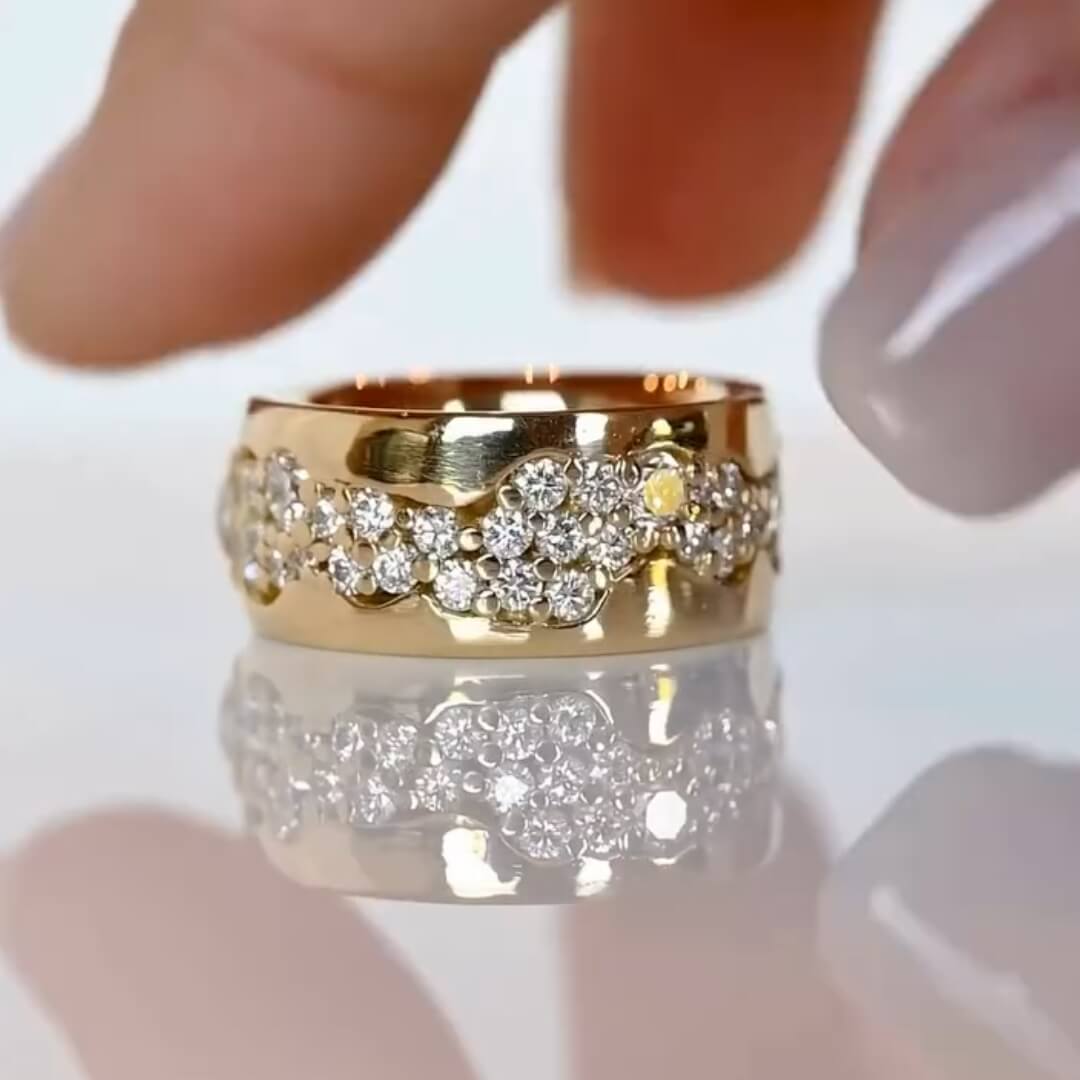 Unique Design Yellow Gold Round Cut White Sapphire Wide Cigar Eternity Wedding Band For Women