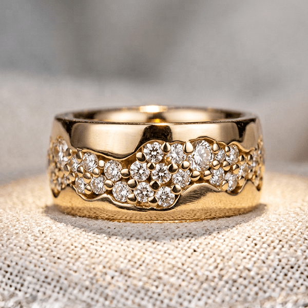 Unique Design Yellow Gold Round Cut White Sapphire Wide Cigar Eternity Wedding Band For Women