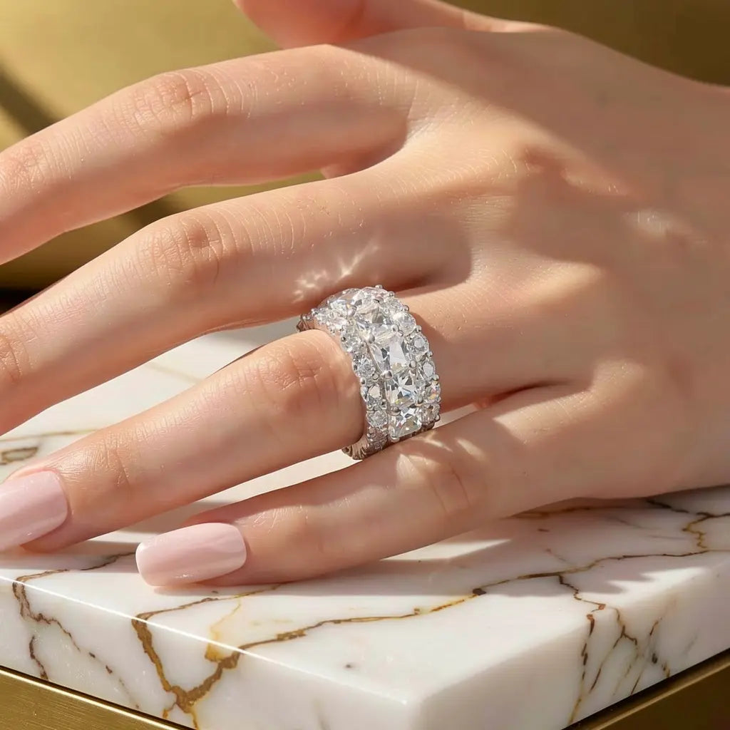 Luxury Triple Row Cushion Cut Moissanite Eternity Wedding Band For Women