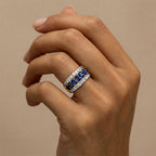 Two Tone Triple Row Cushion Cut Blue Sapphire Wedding Band Ring