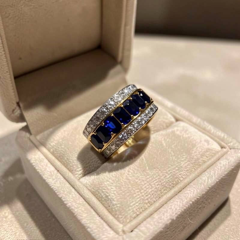 Two Tone Triple Row Cushion Cut Blue Sapphire Wedding Band Ring