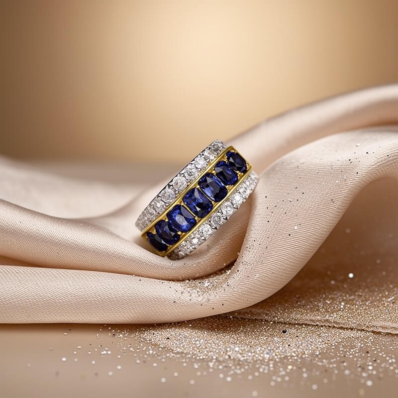 Two Tone Triple Row Cushion Cut Blue Sapphire Wedding Band Ring