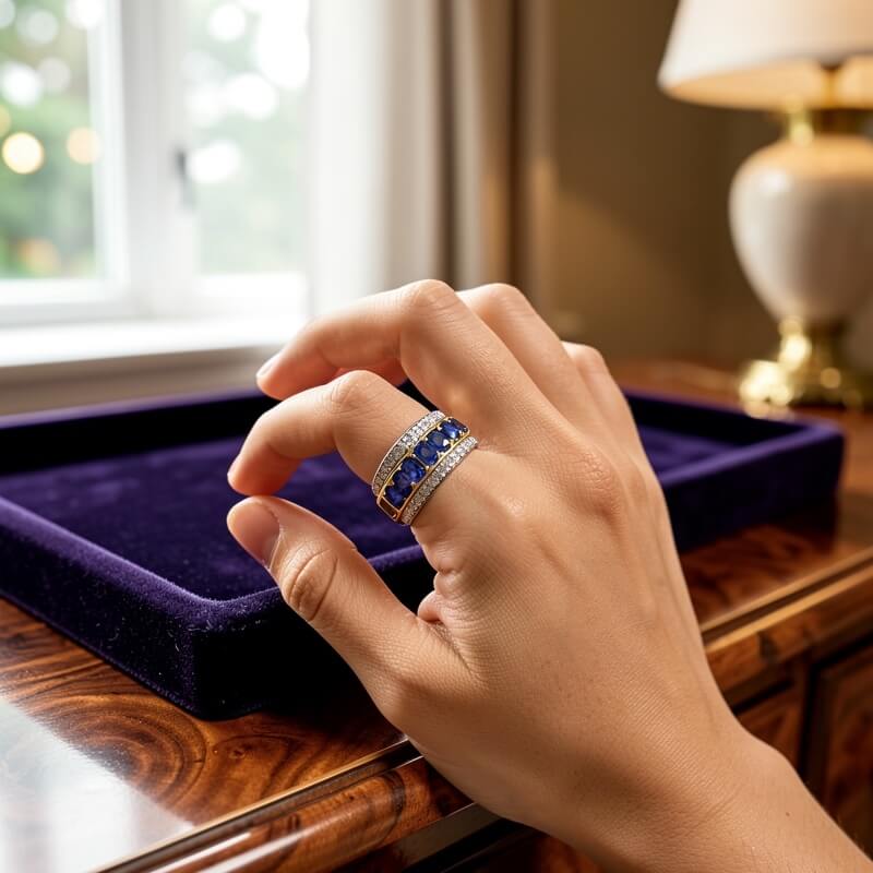 Two Tone Triple Row Cushion Cut Blue Sapphire Wedding Band Ring