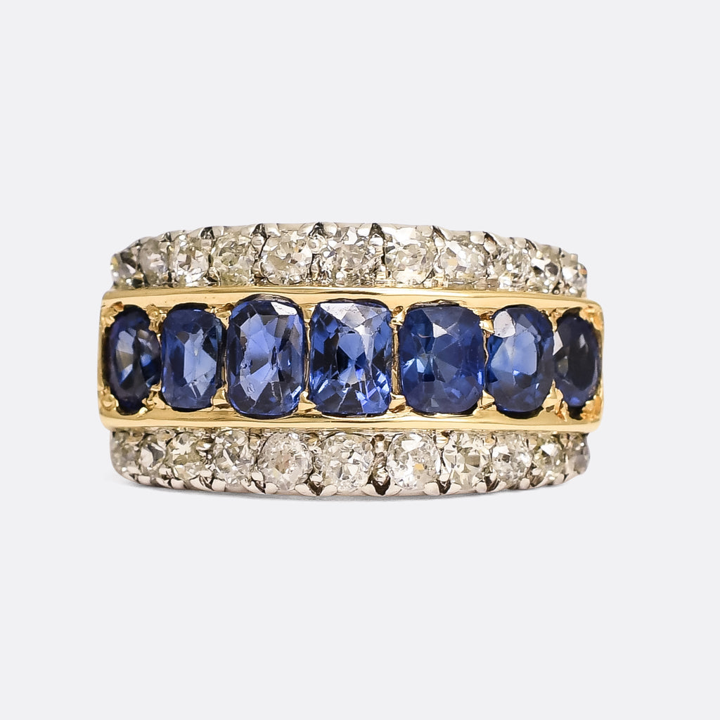 Two Tone Triple Row Cushion Cut Blue Sapphire Wedding Band Ring