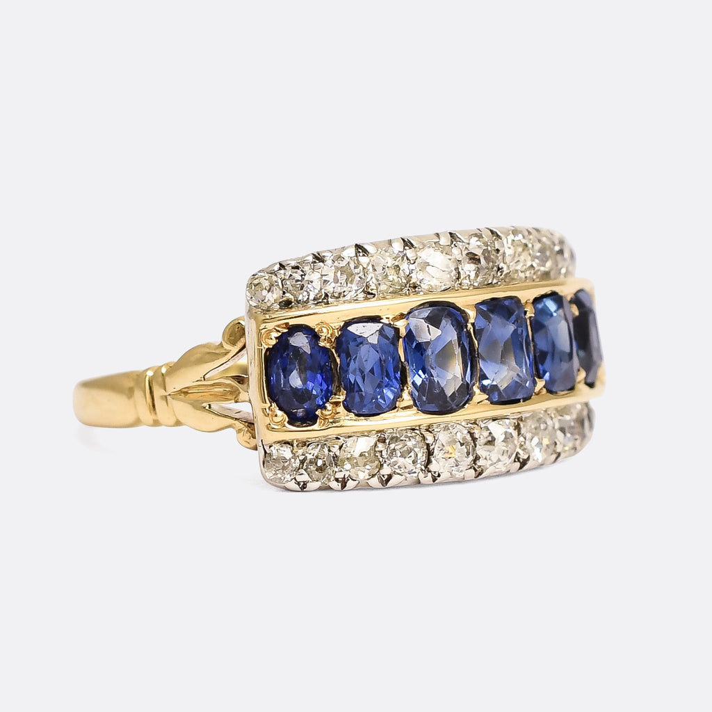 Two Tone Triple Row Cushion Cut Blue Sapphire Wedding Band Ring