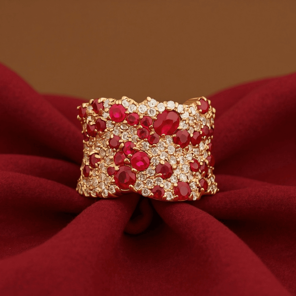 Cluster Pave Round Cut Ruby Moissanite Wide Wedding Band Ring