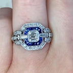 Milgrain Double Halo Asscher Cut White & Blue Sapphire Engagement Ring