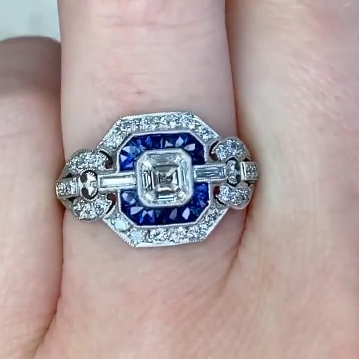 Milgrain Double Halo Asscher Cut White & Blue Sapphire Engagement Ring