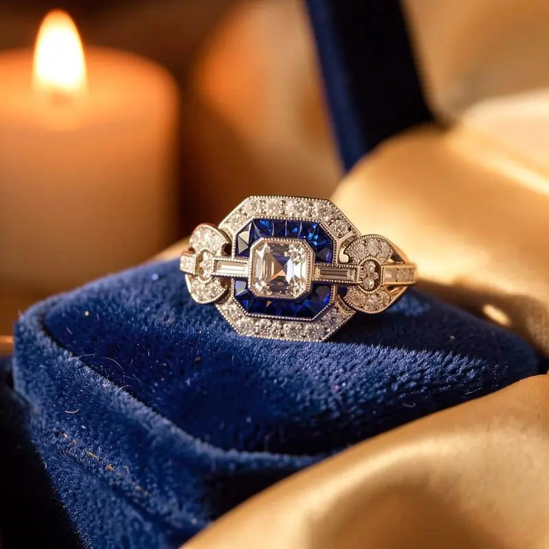 Milgrain Double Halo Asscher Cut White & Blue Sapphire Engagement Ring