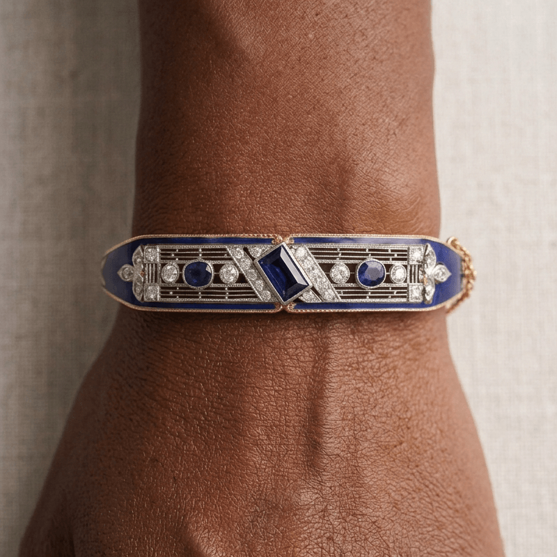 Vintage Art Deco Yellow Gold Emerald Cut Blue Sapphire Bangle Bracelet For Women