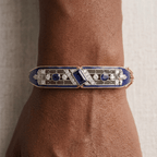 Vintage Art Deco Yellow Gold Emerald Cut Blue Sapphire Bangle Bracelet For Women