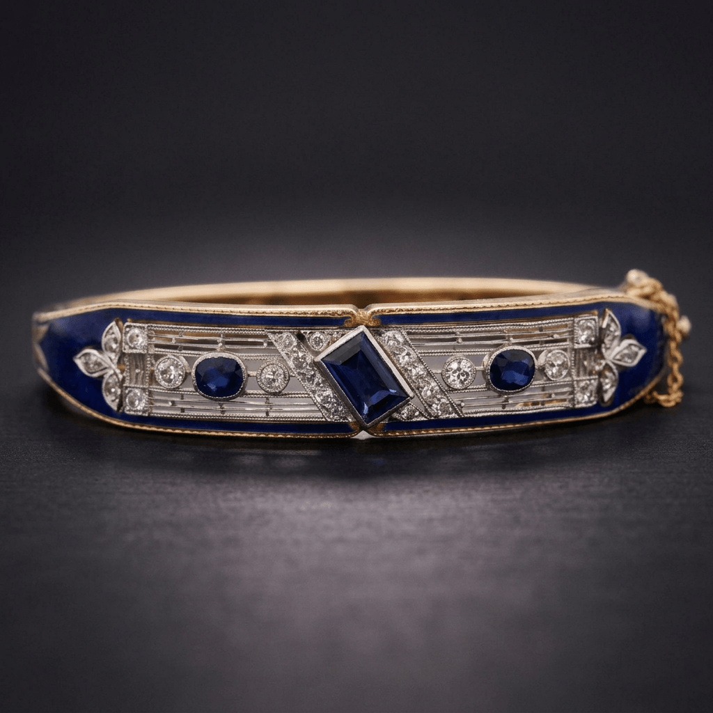 Vintage Art Deco Yellow Gold Emerald Cut Blue Sapphire Bangle Bracelet For Women