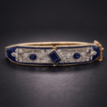 Vintage Art Deco Yellow Gold Emerald Cut Blue Sapphire Bangle Bracelet For Women
