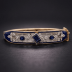 Vintage Art Deco Yellow Gold Emerald Cut Blue Sapphire Bangle Bracelet For Women