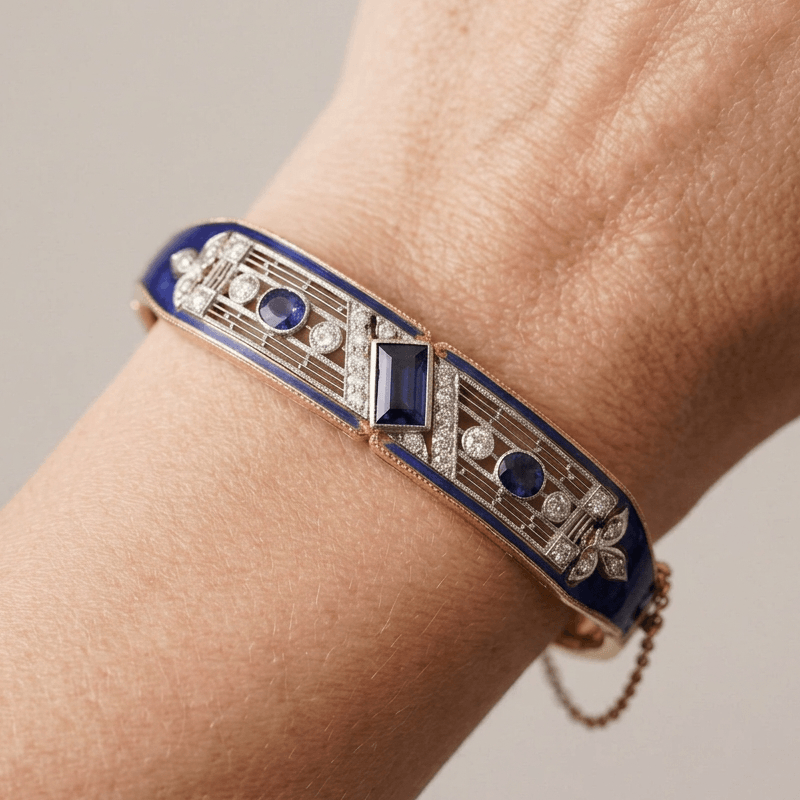 Vintage Art Deco Yellow Gold Emerald Cut Blue Sapphire Bangle Bracelet For Women