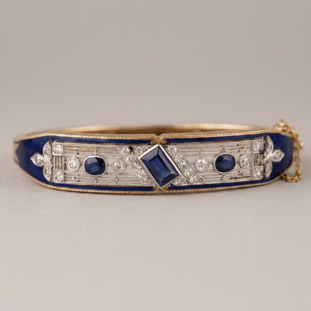 Vintage Art Deco Yellow Gold Emerald Cut Blue Sapphire Bangle Bracelet For Women