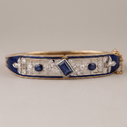 Vintage Art Deco Yellow Gold Emerald Cut Blue Sapphire Bangle Bracelet For Women