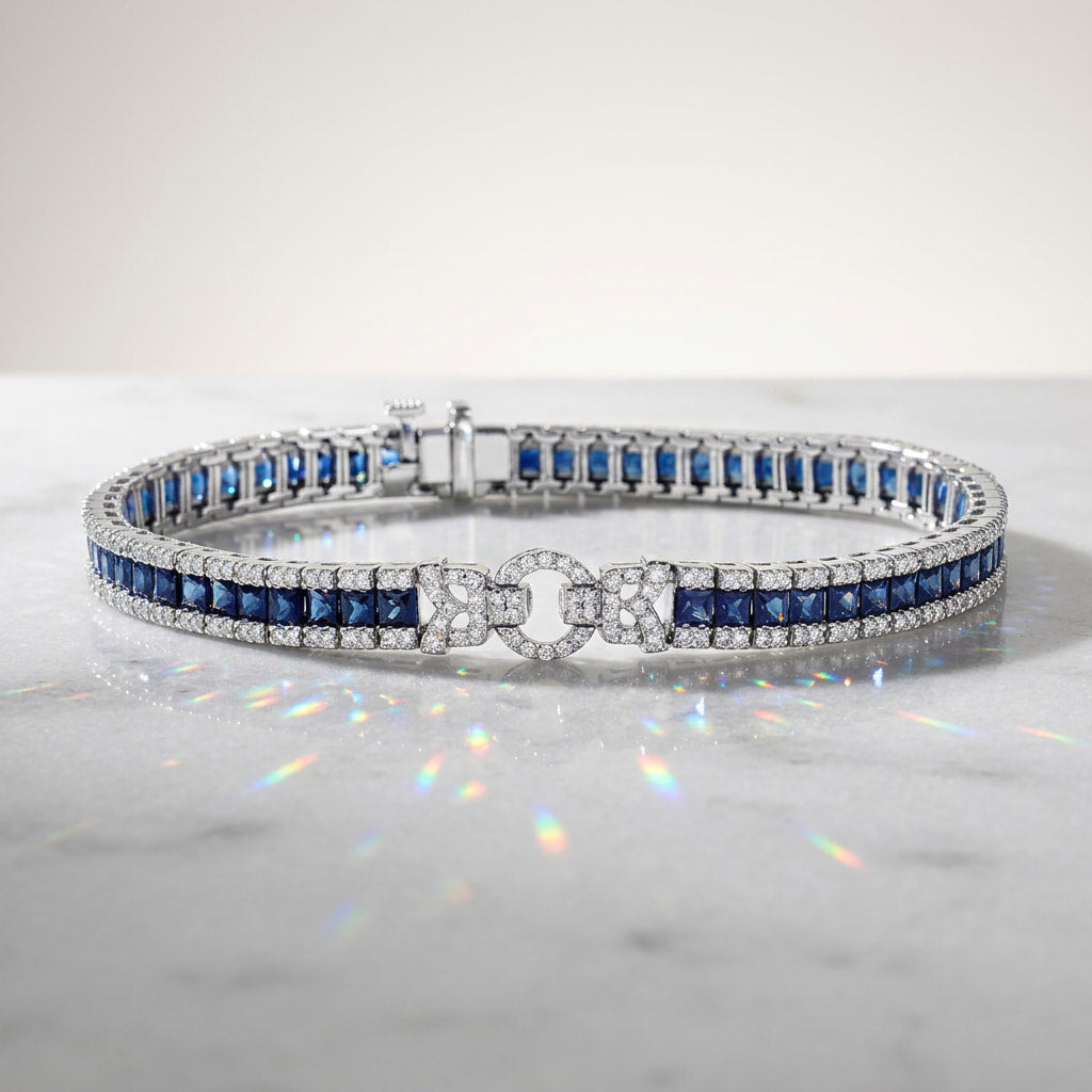 Vintage Unique Design Princess Cut White & Blue Sapphire Bracelet For Women