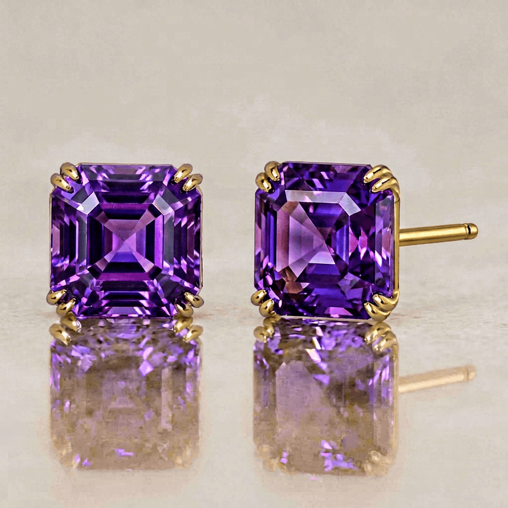 Luxury Jewelry Solitaire Double Prong Golden Asscher Cut Amethyst Sapphire Stud Earrings For Women