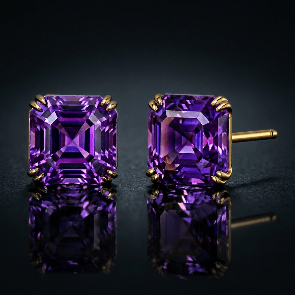 Luxury Jewelry Solitaire Double Prong Golden Asscher Cut Amethyst Sapphire Stud Earrings For Women