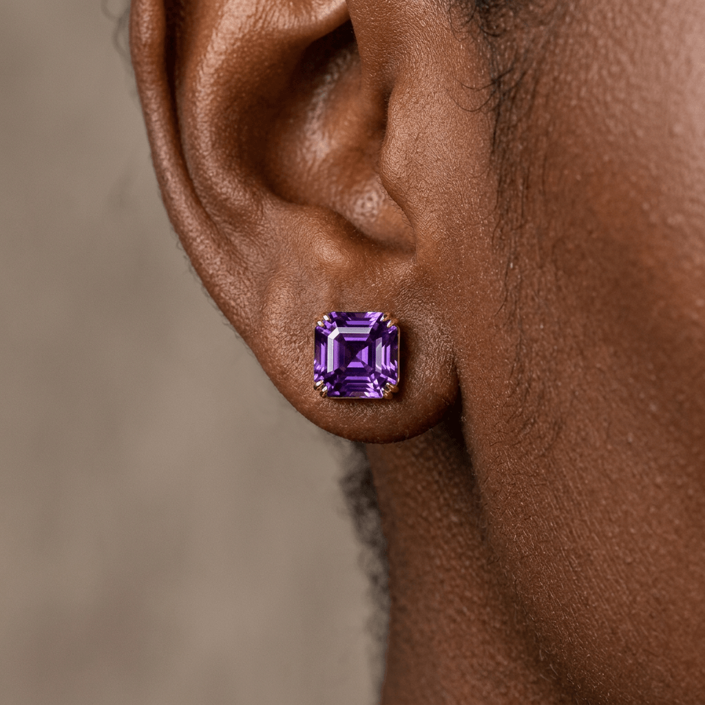 Luxury Jewelry Solitaire Double Prong Golden Asscher Cut Amethyst Sapphire Stud Earrings For Women