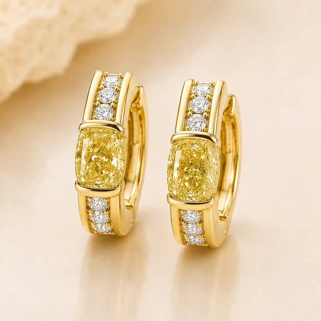 Golden Bezel Cushion Cut Canary Sapphire Hoop Earrings For Women Wedding Jewelry