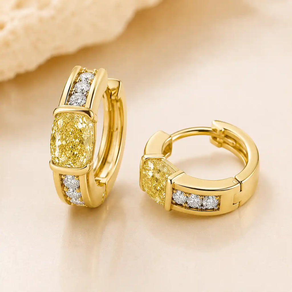 Golden Bezel Cushion Cut Canary Sapphire Hoop Earrings For Women Wedding Jewelry