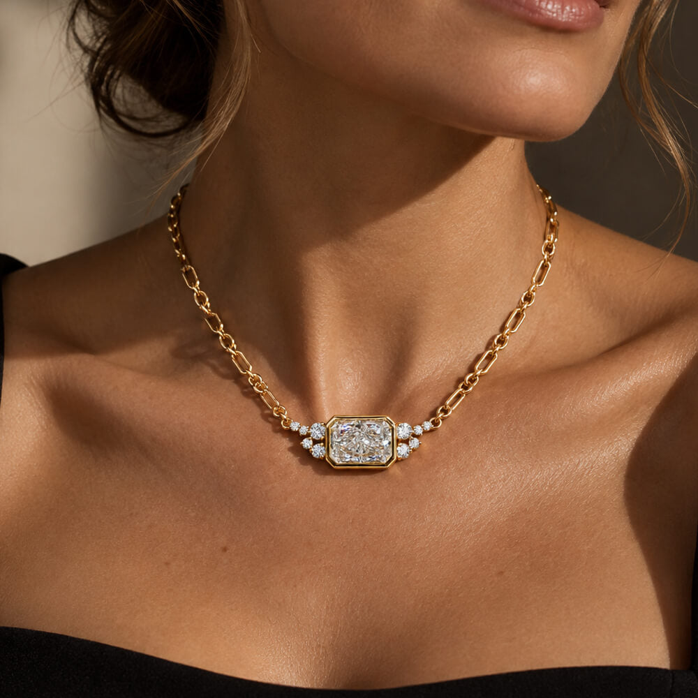 Unique Design Yellow Gold Bezel Radiant Cut White Sapphire Pendant Necklace For Women