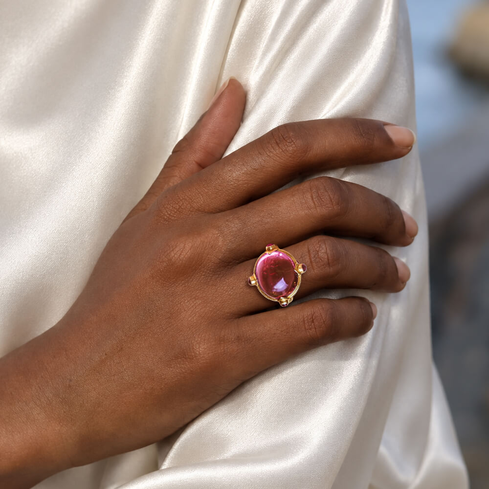 Art Deco Yellow Gold Cabochon Cut Ruby Sapphire Engagement Ring