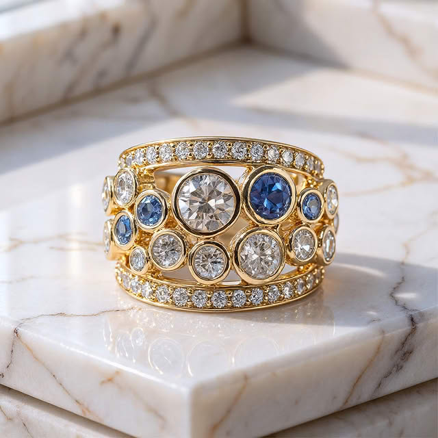 Golden Bezel Blue Topaz &  White Sapphire Round Cut Wedding Band Ring