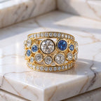 Golden Bezel Blue Topaz &  White Sapphire Round Cut Wedding Band Ring