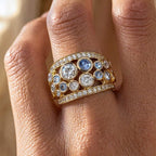 Golden Bezel Blue Topaz &  White Sapphire Round Cut Wedding Band Ring