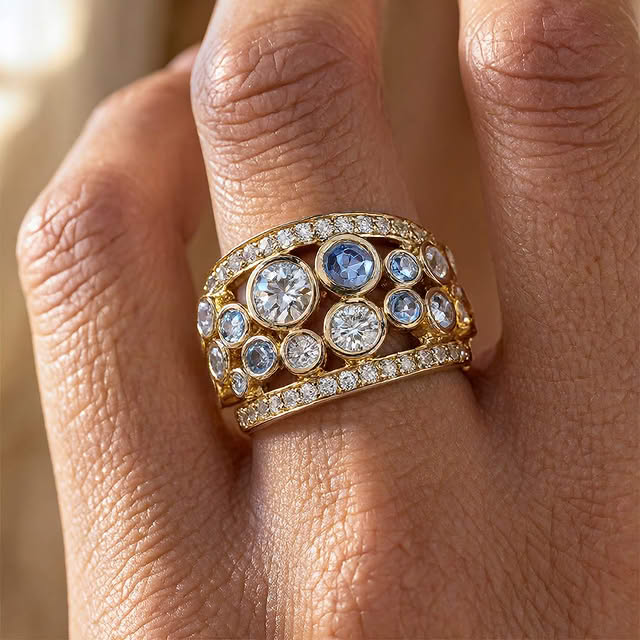 Golden Bezel Blue Topaz &  White Sapphire Round Cut Wedding Band Ring