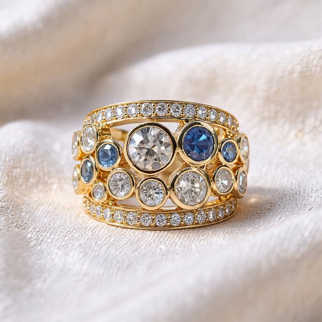 Golden Bezel Blue Topaz &  White Sapphire Round Cut Wedding Band Ring