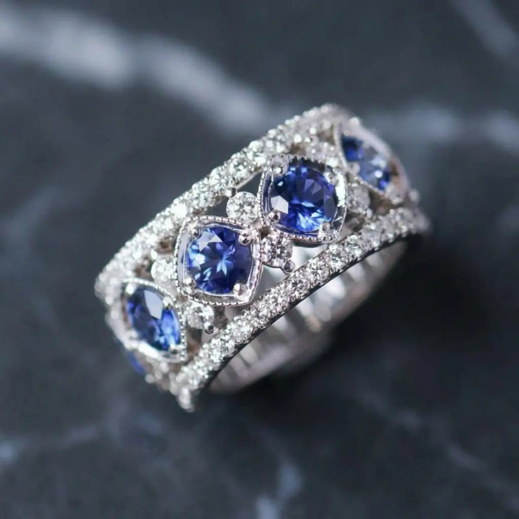 Halo Cluster Blue Sapphire Eternity Weddding Band Ring For Women