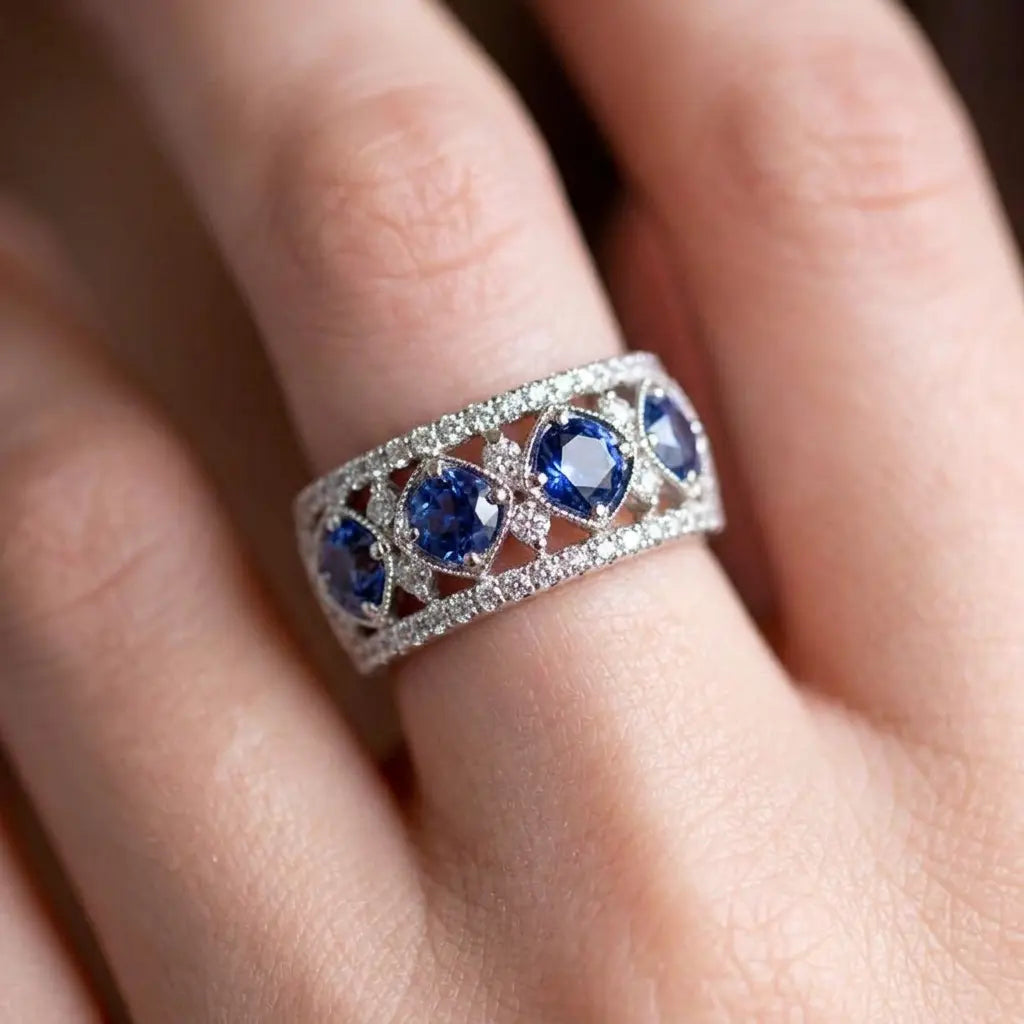 Halo Cluster Blue Sapphire Eternity Weddding Band Ring For Women