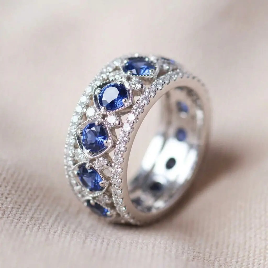 Halo Cluster Blue Sapphire Eternity Weddding Band Ring For Women