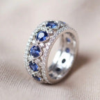 Halo Cluster Blue Sapphire Eternity Weddding Band Ring For Women