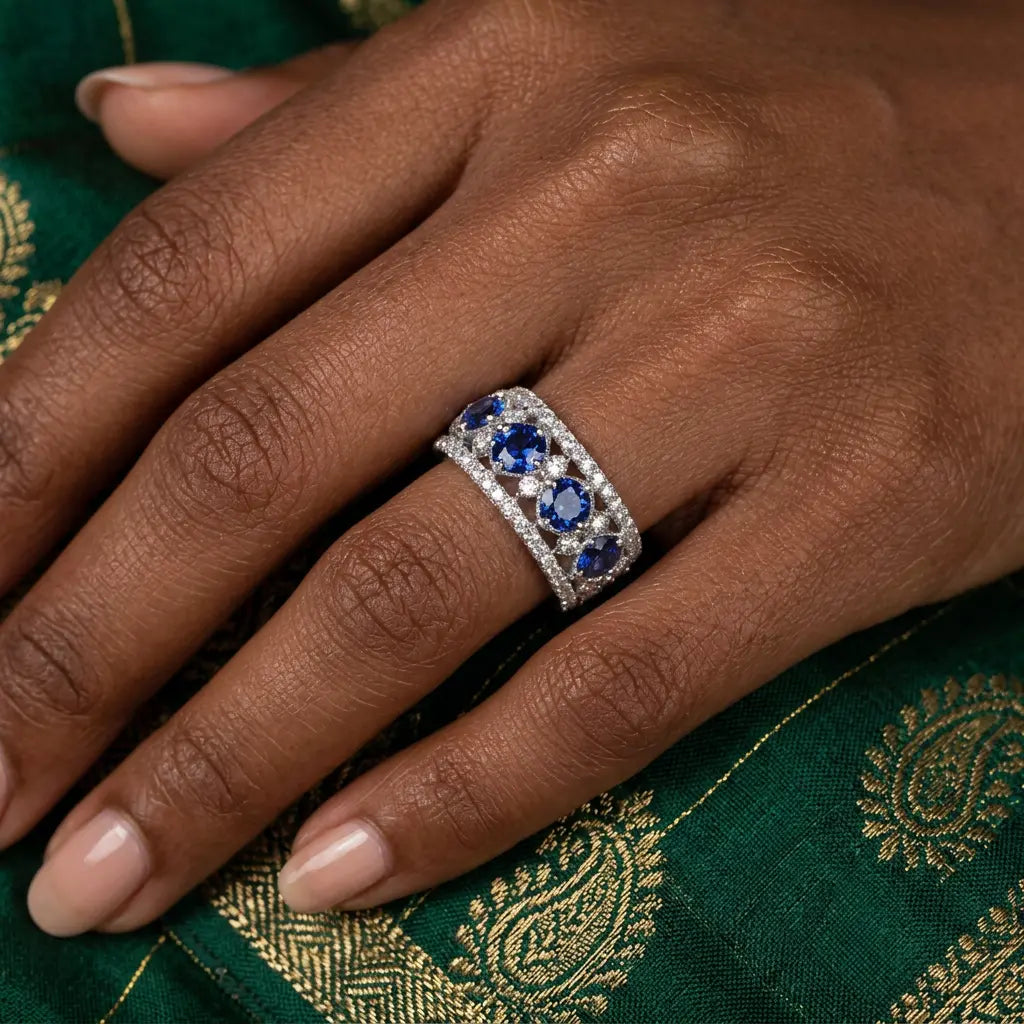 Halo Cluster Blue Sapphire Eternity Weddding Band Ring For Women