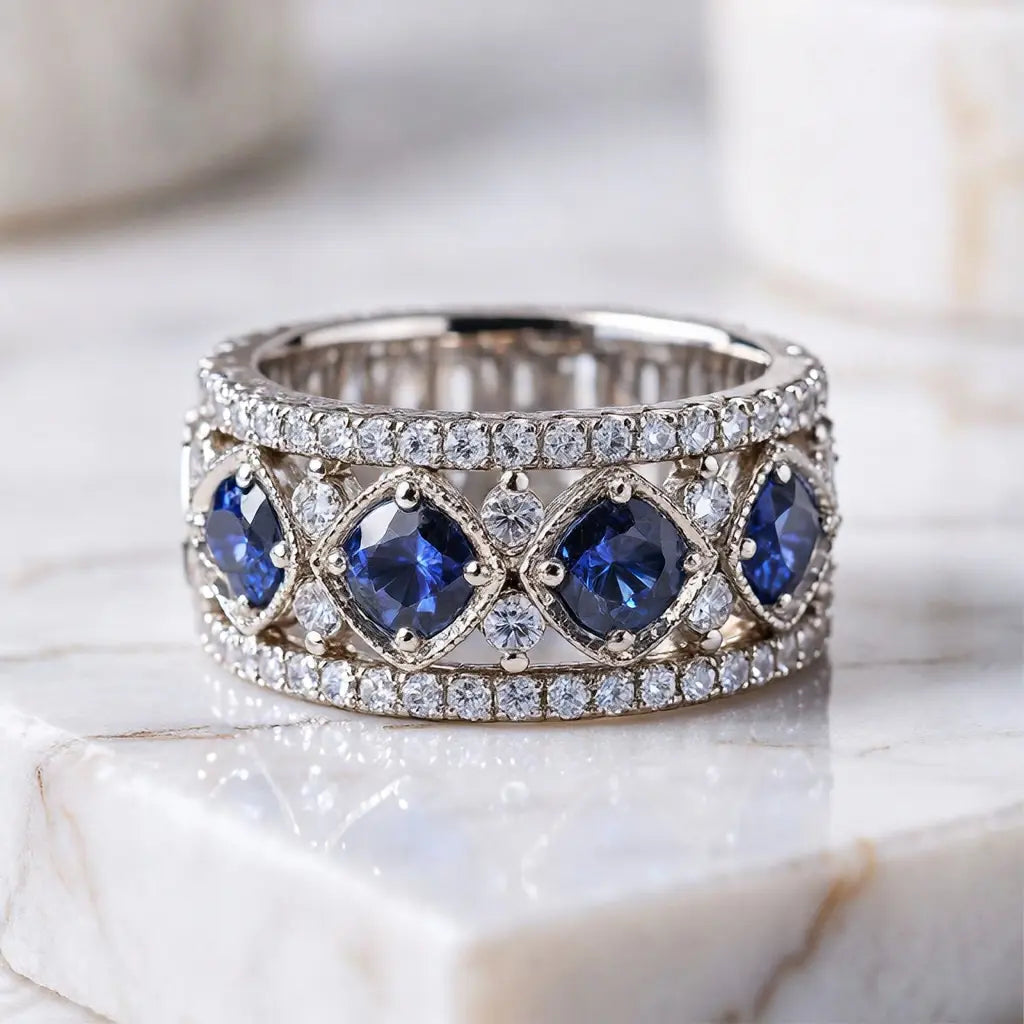 Halo Cluster Blue Sapphire Eternity Weddding Band Ring For Women