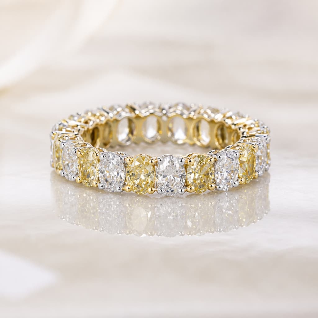 Alternating Canary Oval Cut Yellow & White Sapphire Eternity Wedding Band For Women