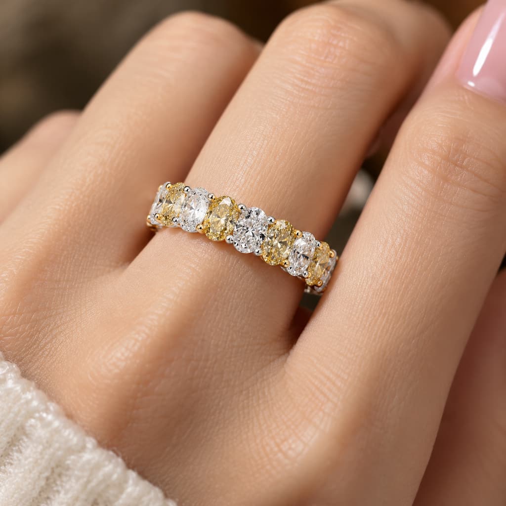 Alternating Canary Oval Cut Yellow & White Sapphire Eternity Wedding Band For Women