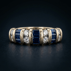 Luxury Jewelry Vintage Vertical Channel Baguette & Round Cut Blue & White Sapphire Half Eternity Wedding Bands