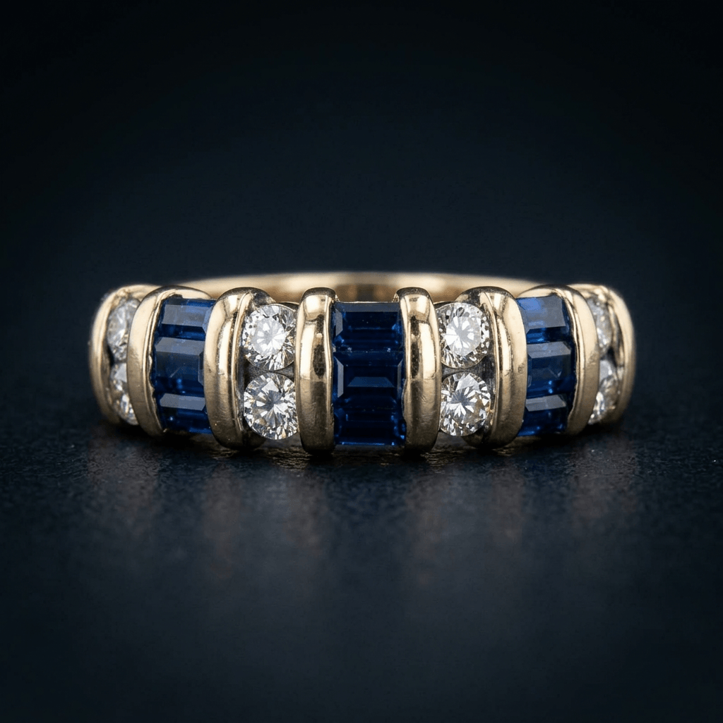 Luxury Jewelry Vintage Vertical Channel Baguette & Round Cut Blue & White Sapphire Half Eternity Wedding Bands