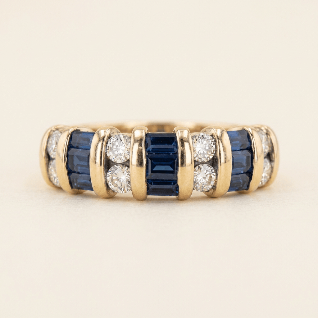 Luxury Jewelry Vintage Vertical Channel Baguette & Round Cut Blue & White Sapphire Half Eternity Wedding Bands
