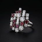 Luxury Jewelry Unique Design Round & Baguette Cut Ruby & White Sapphire Cluster Statement Rings