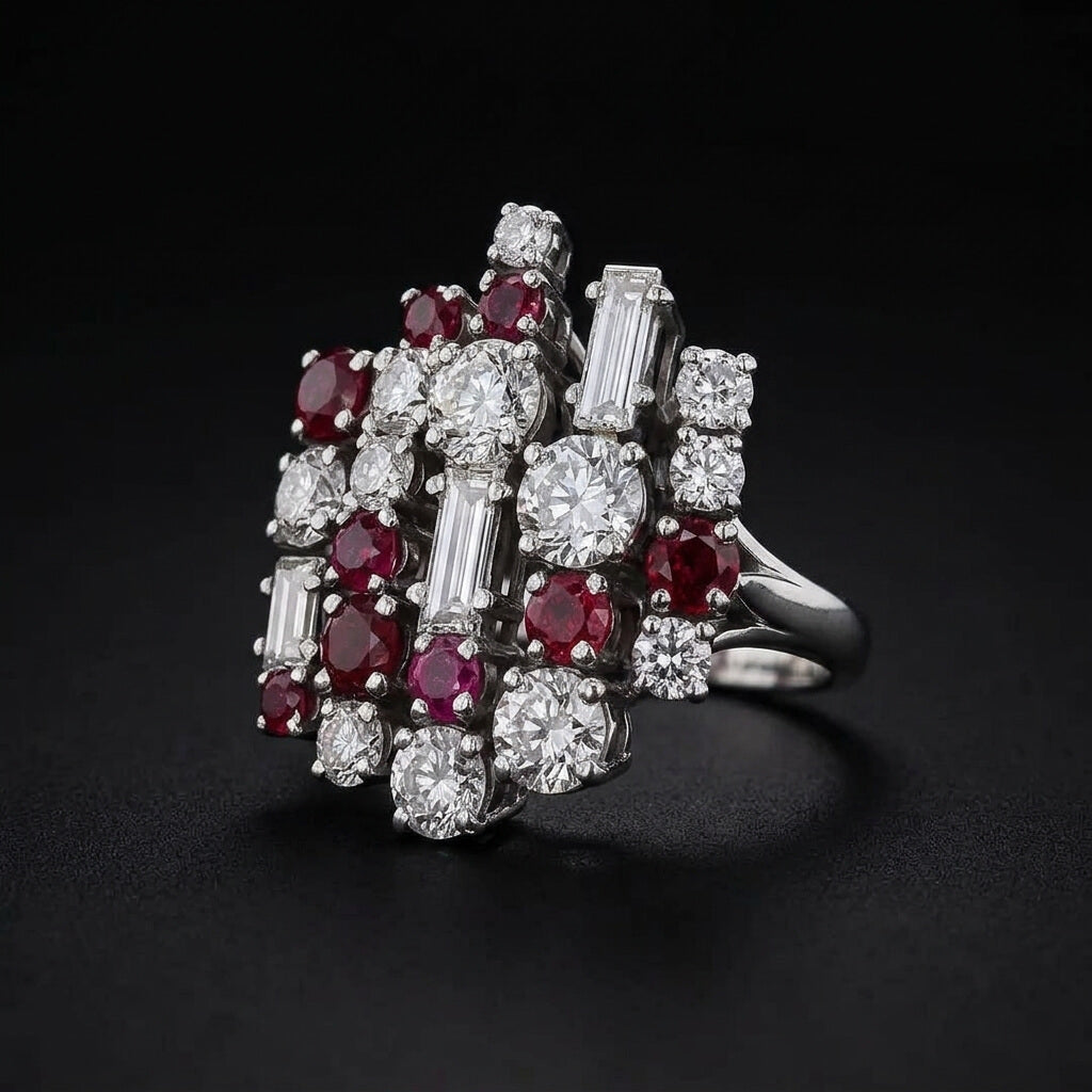 Luxury Jewelry Unique Design Round & Baguette Cut Ruby & White Sapphire Cluster Statement Rings