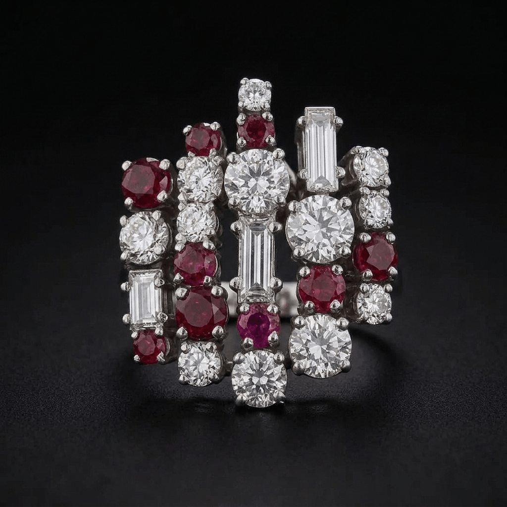 Luxury Jewelry Unique Design Round & Baguette Cut Ruby & White Sapphire Cluster Statement Rings