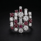 Luxury Jewelry Unique Design Round & Baguette Cut Ruby & White Sapphire Cluster Statement Rings