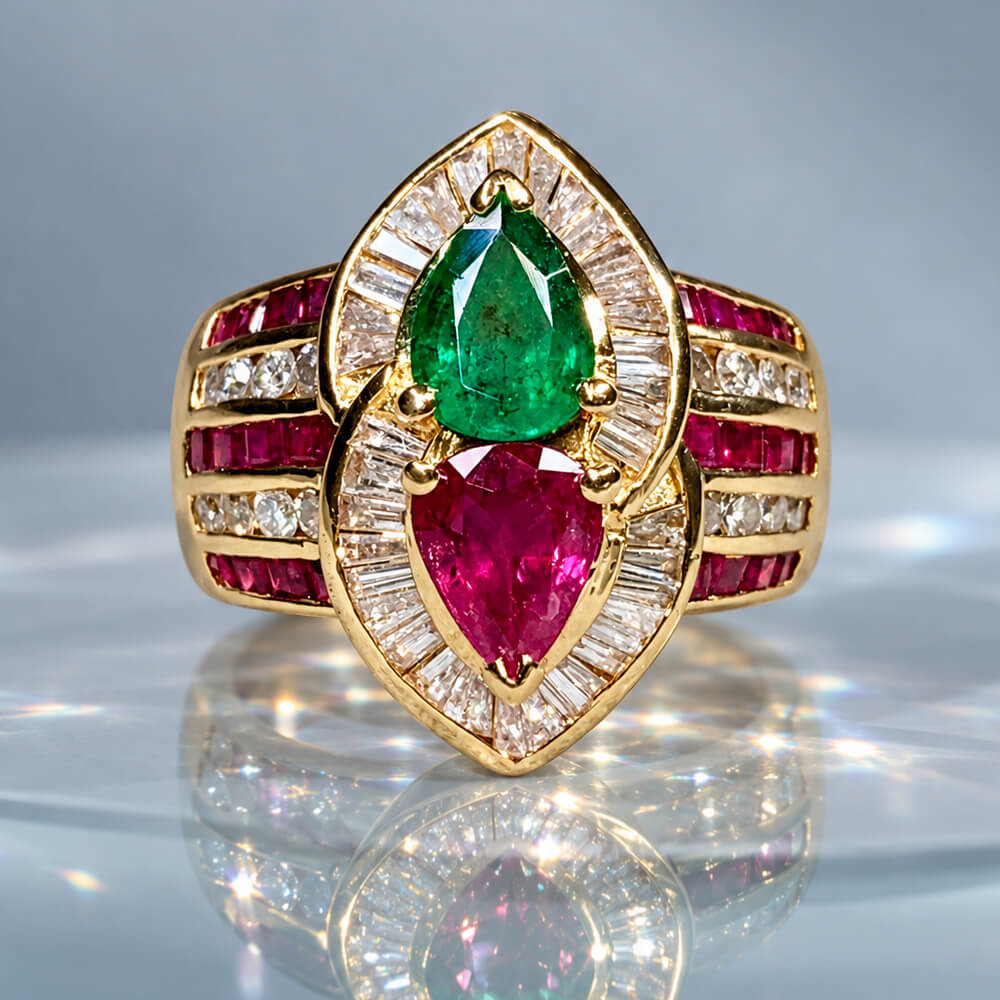 Luxury Jewelry Yellow Gold Halo Pear Cut Emerald & Ruby Sapphire Engagement Ring